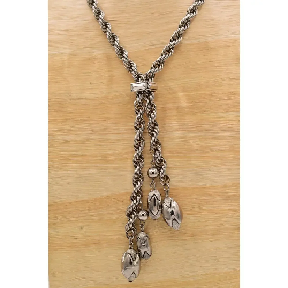 Vintage Chunky Statement Lariat Necklace Collar Charm Dangle Silver 1960s BinBE